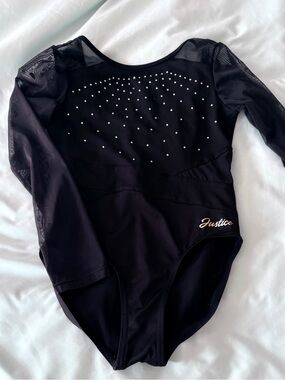 Justice Black Mesh Sleeve Rhinestone Leotard